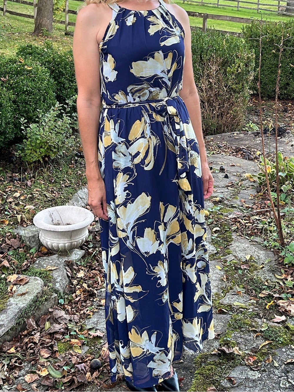 Shelby & Palmer Navy Floral Halter Maxi with Yellow and White Blooms